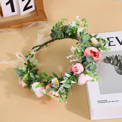 Braut Blumenkranz Stirnband Romantische Rosa Rose Künstliche Blumenkrone Mit Band Für Hochzeit Fotografie Party Accessoires