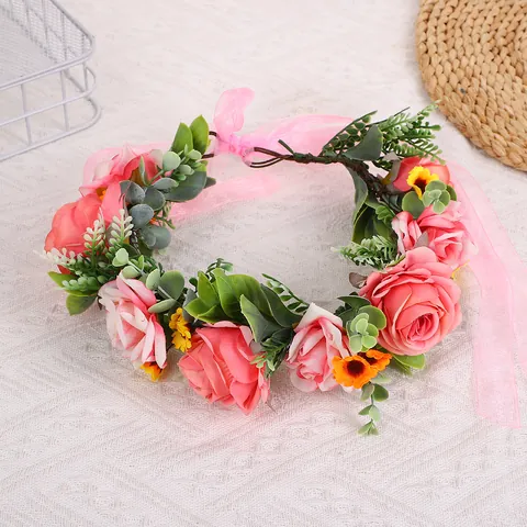 Böhmisch Rose Blumenkranz Stirnband Für Damen Hochzeit Party Braut Blumengirlande Satinband Verstellbarer Urlaub Kopfschmuck