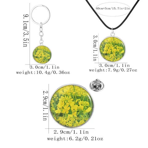 Vintage Rapeseed Flower Pendant Necklace Brooch Keychain Alloy Gold Silver Glass Cabochon Pastoral Jewelry For Women Unisex