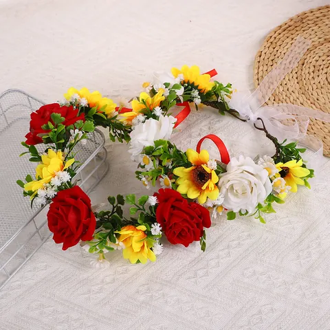 Waldstil Simulation Rose Blumenkrone Böhmisches Florales Stirnband Mit Band Für Hochzeit Fotografie Party Damen Haarschmuck