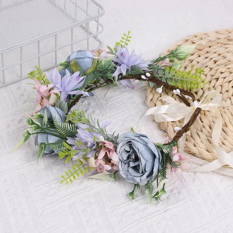 Couronne de Fleurs Artificielles Bohème Faite à la Main Avec Ruban Réglable Guirlande Florale de Mariée Pour Mariage Photo