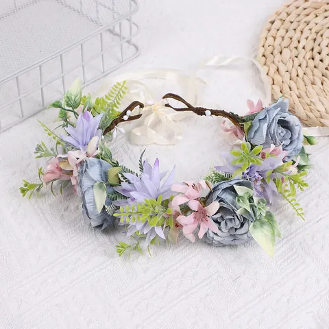 Couronne de Fleurs Artificielles Bohème Faite à la Main Avec Ruban Réglable Guirlande Florale de Mariée Pour Mariage Photo