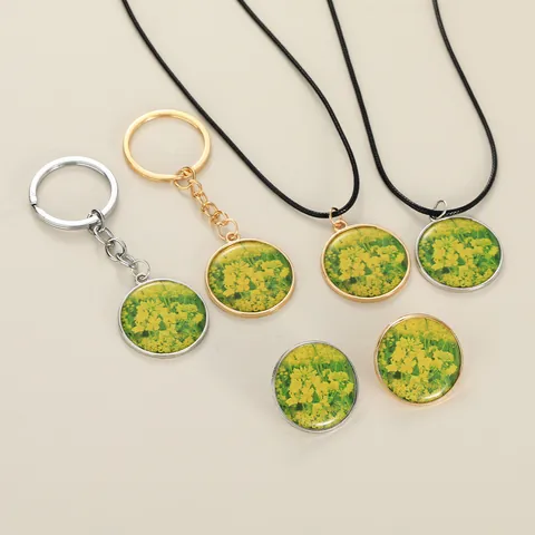 Vintage Rapeseed Flower Pendant Necklace Brooch Keychain Alloy Gold Silver Glass Cabochon Pastoral Jewelry For Women Unisex