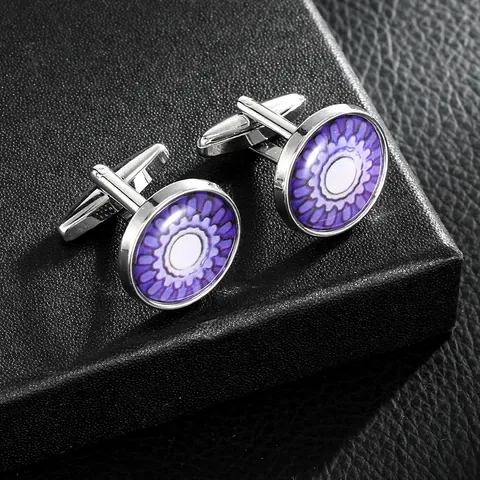Gemelli in Stile Francese Vintage con Motivo Mandala per Uomo Lega Argento Vetro Viola Floreale Accessori per Camicia Regalo