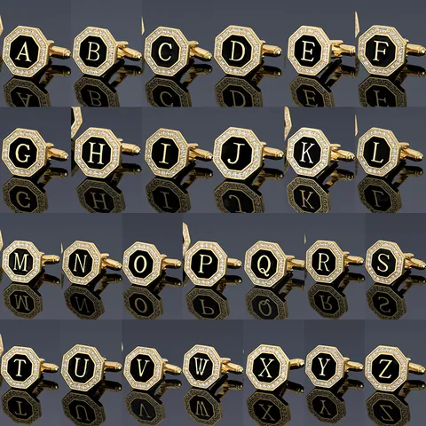 Mancuernas de Negocios Octogonales para Hombre con Letra Inicial de Cobre Chapado en Oro e Incrustaciones de Strass Alfabeto A-Z para Camisa de Traje Joyería Regalo