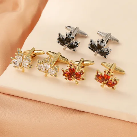 Luxury Men Maple Leaf Cufflinks Copper Cubic Zirconia French Shirt Business Suit Accessories Gold Silver Forest Style Gift