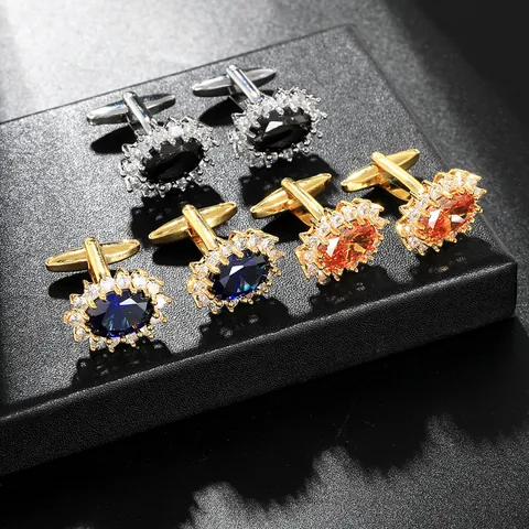 Boutons de Manchette Homme Luxe Cristal Ovale Zircone Strass Halo Cuivre pour Chemise Française Bijoux de Mariage Cadeau