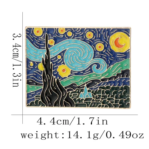 Artistic Van Gogh Starry Night Oil Painting Rectangular Enamel Brooch Alloy Metal Pin For Backpack Clothing Decor Gift