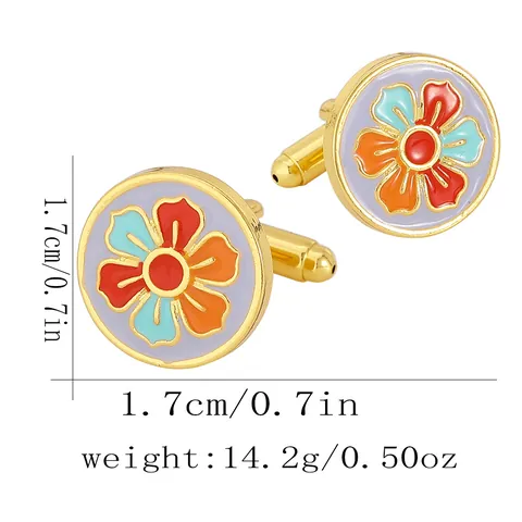 Vintage Round Floral Cufflinks For Men Gold Plated Alloy Multicolor Enamel Flower Shirt Cuff Links Business Wedding Jewelry Gift