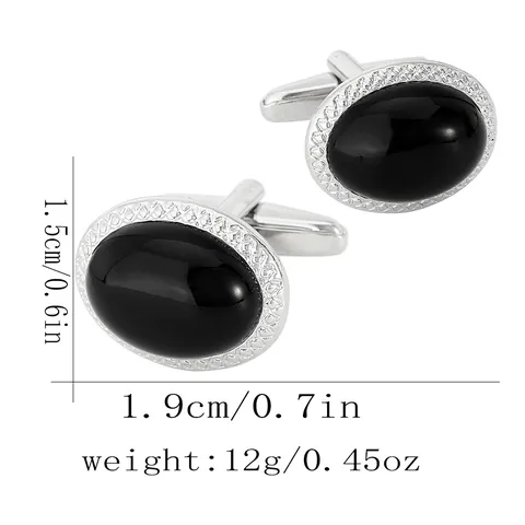 Boutons de Manchette Homme Oval Pierre Noire Alliage Plaqué Argent Bordure Texturée Classique Accessoires de Bijoux pour Chemise Française Costume