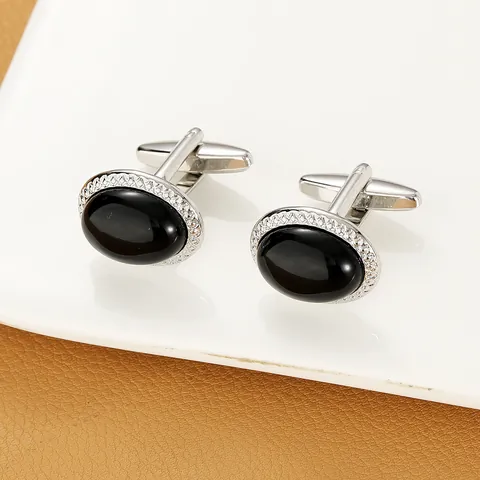 Boutons de Manchette Homme Oval Pierre Noire Alliage Plaqué Argent Bordure Texturée Classique Accessoires de Bijoux pour Chemise Française Costume