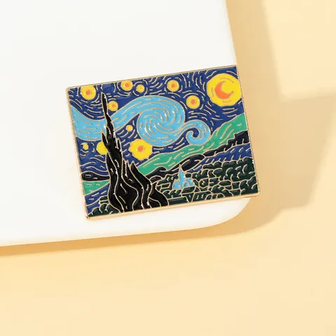 Artistic Van Gogh Starry Night Oil Painting Rectangular Enamel Brooch Alloy Metal Pin For Backpack Clothing Decor Gift