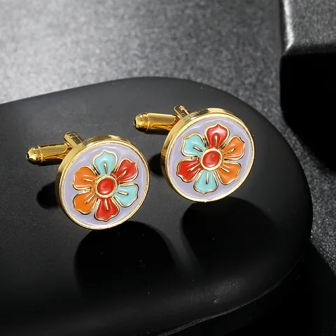 Vintage Round Floral Cufflinks For Men Gold Plated Alloy Multicolor Enamel Flower Shirt Cuff Links Business Wedding Jewelry Gift