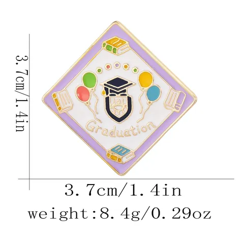 Graduation Enamel Pin Alloy Diamond Shape Graduation Cap Books Balloons Brooch For Backpack Clothing Student Gift Purple White