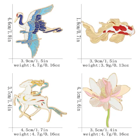 Chinese Style Enamel Pin Vintage Crane Deer Lotus Koi Fish Alloy Brooch Badge For Women Men Clothes Bag Jewelry Decoration