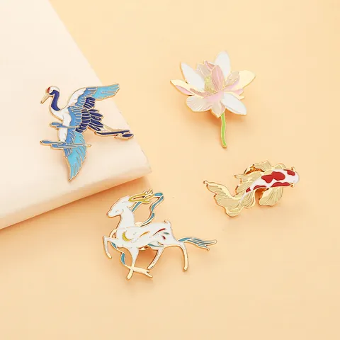 Chinese Style Enamel Pin Vintage Crane Deer Lotus Koi Fish Alloy Brooch Badge For Women Men Clothes Bag Jewelry Decoration