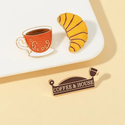 Cute Cartoon Coffee Cup Croissant House Enamel Pins Set Alloy Metal Brooches Lapel Badge For Clothes Bags Jewelry Decoration Gift