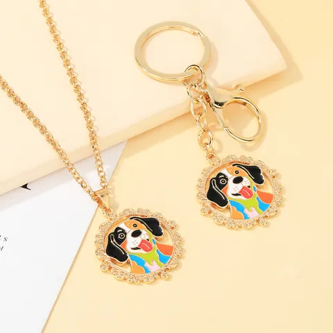 Set Collana Con Ciondolo Cane Cartoon in Lega Smaltata e Portachiavi per Uomo Donna Studenti Gioielli Placcati in Oro Regalo
