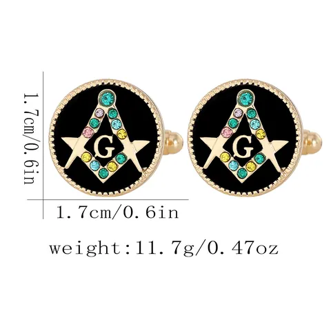 French Style Masonic Cufflinks For Men Gold Plated Alloy Black Enamel Colorful Rhinestone Square Compass Letter G Shirt Cufflinks