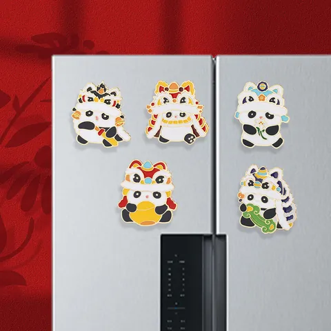 Aimant de Réfrigérateur Panda Danse du Lion Style Chinois Alliage de Zinc Émail Autocollant Magnétique Décoratif Maison Cuisine