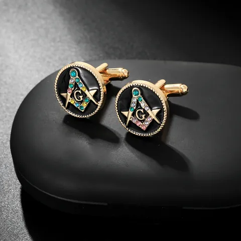 French Style Masonic Cufflinks For Men Gold Plated Alloy Black Enamel Colorful Rhinestone Square Compass Letter G Shirt Cufflinks