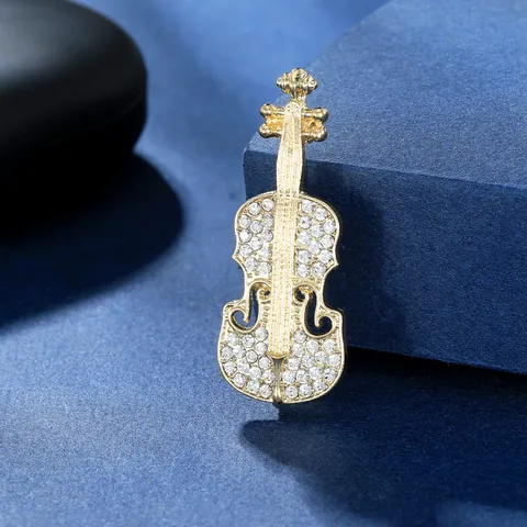 Elegant Gold Alloy Violin Brooch Pin With Rhinestone Artificial Pearl Musical Instrument Brooch For Women Men Suit Dress Decoration