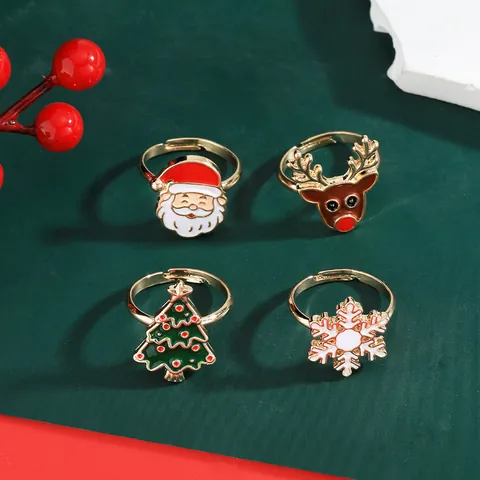 Weihnachten Cartoon Ringe Für Kinder Gold Legierung Emaille Verstellbar Offener Ring Niedlich Weihnachtsmann Rentier Weihnachtsbaum Schneeflocke Fingerringe Festlicher Schmuck
