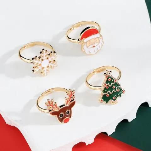 Weihnachten Cartoon Ringe Für Kinder Gold Legierung Emaille Verstellbar Offener Ring Niedlich Weihnachtsmann Rentier Weihnachtsbaum Schneeflocke Fingerringe Festlicher Schmuck