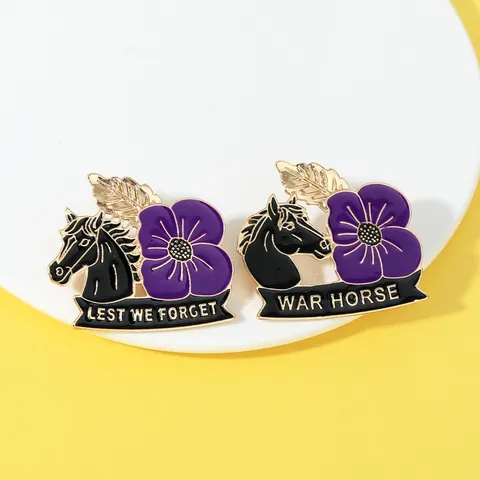 Lest We Forget War Horse Purple Poppy Enamel Brooch Alloy Memorial Badge Jewelry For Veterans Day Remembrance Gift