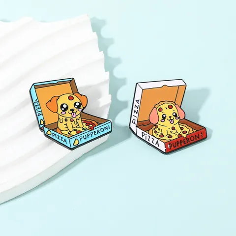 Mignonne Broche en Émail de Boîte de Pizza de Chien de Dessin Animé Badge de Nourriture d'Animal Créatif Accessoire de Revers en Alliage Électroplaqué pour Décoration de Sac à Dos Vêtements Cadeau Unisexe