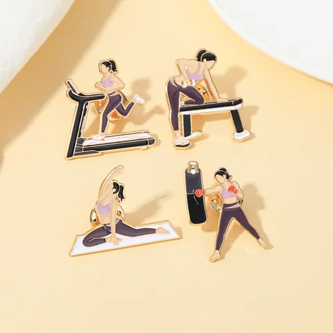 Fitness Theme Enamel Brooch Pin Set For Women Yoga Running Boxing Dumbbell Sporty Alloy Metal Badge Lapel Pin For Clothes Bag