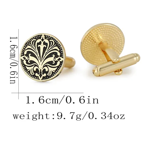 Men Vintage Round Copper Cufflinks Gold Plated Black Enamel Fleur-de-lis Baroque Pattern Business Shirt Suit Button Jewelry