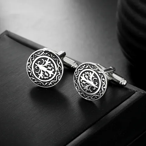 Gemelli in Rame Vintage Albero Della Vita per Uomo Tondi Goffrati Argento Nero Borchie per Camicia Affari Matrimonio Gioiello