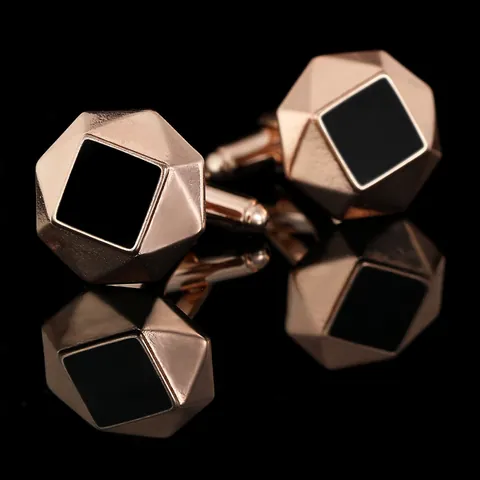 Boutons de Manchette Homme Business Cuivre Plaqué Or Rose Octogonaux Géométriques Carrés Émail Noir pour Chemise Française Bijoux Cadeau