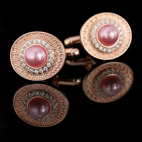 Vintage Roségold Kupfer Manschettenknöpfe Herren Rosa Imitationsperle Zirkonia Strahlendes Design Business Hochzeit Schmuck