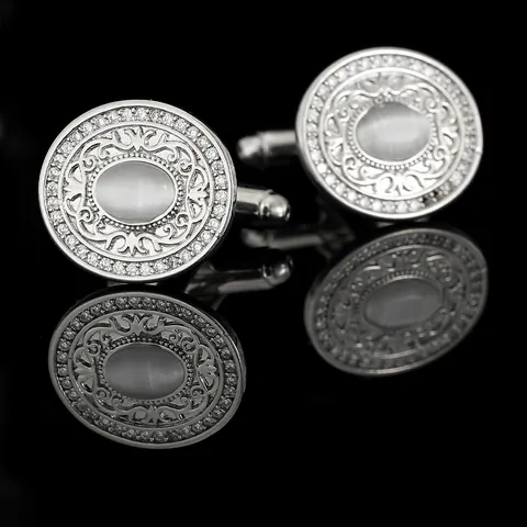Boutons de Manchette Homme Vintage Pierre Œil de Chat Cuivre Incrusté de Strass Motif Volutes Accessoire Chemise