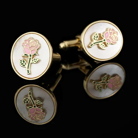 Elegante Rosenblüten Manschettenknöpfe Goldfarbenes Kupfer Emaille Blumenmuster Hochzeit Formelle Hemd Accessoires Rosa Weiß Schmuck