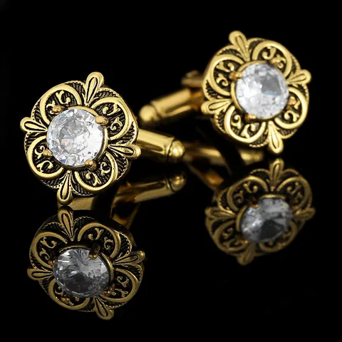 Vintage Men's Copper Cufflinks With White Zirconia European Hollow Floral Design Gold Plated Business Suit Shirt Accessories