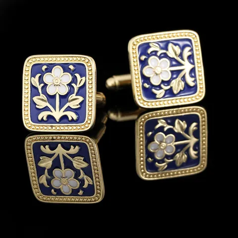 French Vintage Men Enamel Floral Cufflinks Gold Copper Square Business Wedding Party Cuff Links Jewelry Anniversary Gift