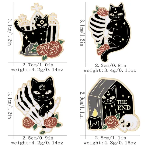 Pines de Esmalte de Gato Negro Gótico Halloween Esqueleto Ataúd Rosa Punk Broche de Metal Insignia Accesorios Para Ropa Bolso