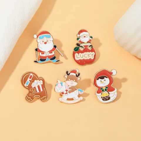 Christmas Enamel Pin Set Alloy Santa Claus Snowman Gingerbread Man Reindeer Rocking Horse Lucky Brooch Jewelry Accessory