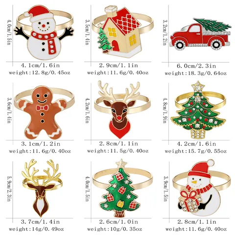 Christmas Napkin Rings Metal Alloy Enamel Reindeer Snowman Christmas Tree Red Truck Napkin Buckle For Holiday Table Decor