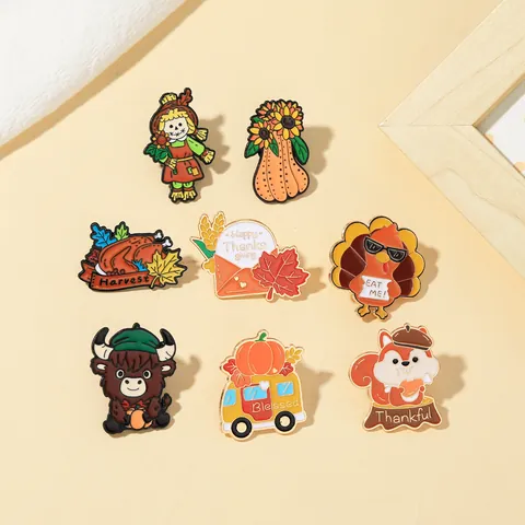 Pin de Esmalte de Acción de Gracias Pavo Ardilla Calabaza Girasol Dibujos Animados Broche de Aleación Insignia Para Otoño Fiesta Regalo Joyería Unisex
