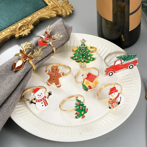 Christmas Napkin Rings Metal Alloy Enamel Reindeer Snowman Christmas Tree Red Truck Napkin Buckle For Holiday Table Decor