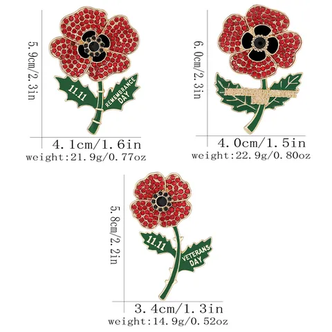 Red Poppy Flower Remembrance Day Brooch With Rhinestones Enamel Veterans Day Commemorative Pin Alloy Vintage Flower Jewelry