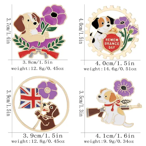 Remembrance Day Emaille Pin Cartoon Hond Paarse Klaproos Union Jack Vlag Geweer Zinklegering Herdenkingsbroche Badge Sieraden Cadeau