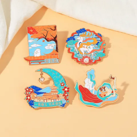 Retro Enamel Dunhuang Mogao Caves Metal Brooch Nine-Colored Deer Flying Apsaras Chinese Style Cultural Pin For Women Men Jewelry Gift