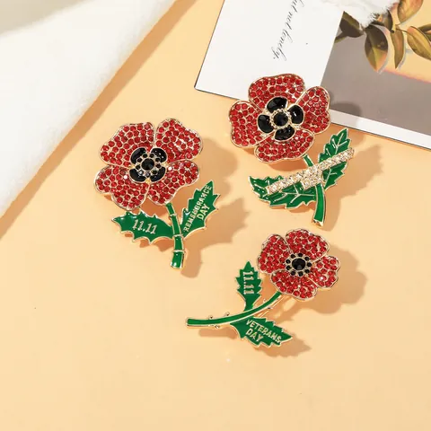 Red Poppy Flower Remembrance Day Brooch With Rhinestones Enamel Veterans Day Commemorative Pin Alloy Vintage Flower Jewelry