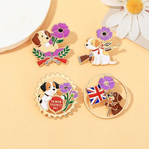 Remembrance Day Emaille Pin Cartoon Hond Paarse Klaproos Union Jack Vlag Geweer Zinklegering Herdenkingsbroche Badge Sieraden Cadeau