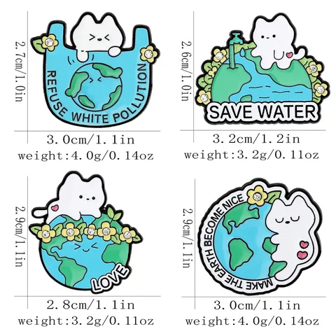 Mignonne Broche en Émail de Protection de l'Environnement Chat de Dessin Animé Économiser l'Eau Terre Amour Strass Alliage pour Sac Vêtements